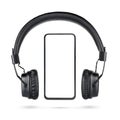Wireless black headphones and bezel-less cellphone isolated