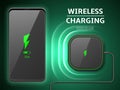 Wireless charger. Realistic black smartphone with battery charger device, digital connection, cellphone accessories