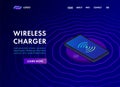 Wireless charging isometric web design template for landing page or banner. Inductive mobile smart phone charger.