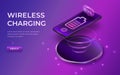 Wireless charging concept. Black smartphone on wireless charger. Phone charger without cable. Isometric cell phone and icon Royalty Free Stock Photo