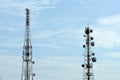 Telecommunication tower with antennas with blue sky. Royalty Free Stock Photo