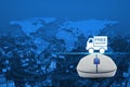 Wireless computer mouse with free delivery truck icon over map a Royalty Free Stock Photo