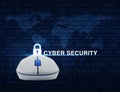 Wireless computer mouse with key icon and cyber security text ov Royalty Free Stock Photo