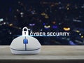 Wireless computer mouse with key icon and cyber security text on Royalty Free Stock Photo