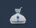 Wireless computer mouse with online shopping icon over blue back Royalty Free Stock Photo