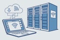 Wireless data transfer between a laptop and storage servers during network operation Royalty Free Stock Photo