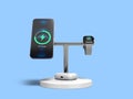 Wireless device charger with smatrphone and smartwatch front view 3d render on blue