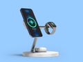 Wireless device charger with smatrphone and smartwatch perspective view 3d render on blue