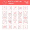 Wireless devices flat line icons. Wifi internet connection technology signs. Router, computer, smartphone, tablet