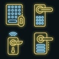 Wireless door lock icons set vector neon