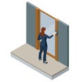 Wireless door lock vector icon, smart lock system. Isometric woman holding a key card to lock and unlock door. Royalty Free Stock Photo