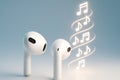 Wireless Earbuds with Glowing Musical Notes Concept on Blue Background Royalty Free Stock Photo