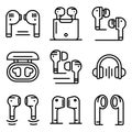 Wireless Earbuds icons set, outline style Royalty Free Stock Photo