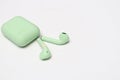Wireless earphones, light green for listening to sound from mobile phones.