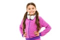 Wireless freedom with Bluetooth technology. Freedom loving little kid. Small girl child wearing hands free headphones Royalty Free Stock Photo