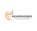 Wireless headphones in ears with musical notes around, logo design. Music, sound and device, vector design