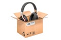 Wireless headphones inside cardboard box, delivery concept. 3D rendering