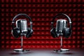 Wireless headphones and microphone in retro design on a dark background. Concept for podcast, interview, radio, listening to