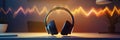 Wireless headphones streaming music with soundwave visualization