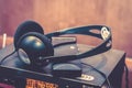 Wireless multy language headphones set on the chairs in conference room