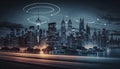 Wireless network and Connection technology concept with city background at night, Generative AI Royalty Free Stock Photo