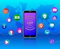 Wireless network connections technology. IOT concept. Cloud computing. Smartphone with colorful icons on blue background with worl Royalty Free Stock Photo