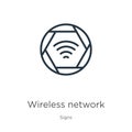 Wireless network icon. Thin linear wireless network outline icon isolated on white background from signs collection. Line vector