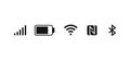 Wireless network icons. Mobile GSM network Wi-Fi, Bluetooth and NFC signal smartphone status bar icons. Vector mobile