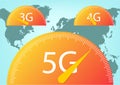 Wireless network speed concept, speedometer 5G evolution. World map network with connections, global communication and business Royalty Free Stock Photo