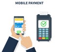 Wireless payment with smartphone and terminal.Mobile phone in hand with credit card on screen display successful pay on