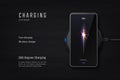 Wireless phone charging. Realistic mobile energy charger. Black advertising banner design with lettering. Modern battery