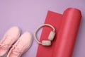 Wireless pink headphones, red mother pair of sports sneakers for sports, fitness and yoga