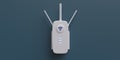 Wireless repeater WiFi extender isolated on blue wall. Internet booster, white, close up. 3d render