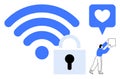 wireless Security Concept with Padlock, Wireless Signal, and Social Media Interaction Royalty Free Stock Photo