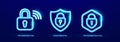 Wireless Security Network WiFi Protection Access Lock Icons Set. Cyber Security Digital Shield Data Protection Neon Logo Royalty Free Stock Photo