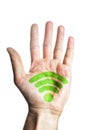 Wireless sign painted on the man's Palm, on white background