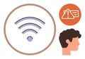 wireless Signal with Error Warning and Profile Head in Flat Graphic Representation Royalty Free Stock Photo