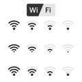 Wireless signal icons. Wi-FI and radio symbols. Network signs. Internet signal waves. Free wifi for devices, phones and computers