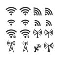 Wireless signal web icon set. Wi fi icons. Secured, unsecured, anthena, password protected icons.