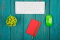 Wireless slim white keyboard and green mouse, notepad, flower on