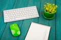 Wireless slim white keyboard and green mouse, notepad, flower on