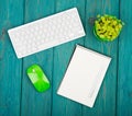 Wireless slim white keyboard and green mouse, notepad, flower on