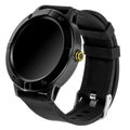 Wireless smart watch in a round matte black case on silicone strap Royalty Free Stock Photo