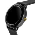 Wireless smart watch in a round matte black case on silicone strap Royalty Free Stock Photo