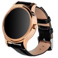 Wireless smart watch in a round shiny gold case and a black leather strap Royalty Free Stock Photo