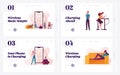 Wireless Smartphone and Gadgets Charging Landing Page Template Set. Tiny Male and Female Characters Charge Battery