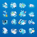 Wireless technology isometric glow icons set with cloud safe data storage access remote health monitoring vector illustration