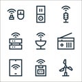 wireless technology line icons. linear set. quality vector line set such as wind energy, wireless, tablet, radio, satellite dish,