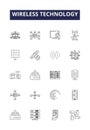 Wireless technology line vector icons and signs. Technology, Radio, GSM, Wi-Fi, Bluetooth, Satellite, Microwave,Infrared