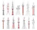 Wireless towers. Telecommunication network tower. Mobile and radio airwave connection systems. Communication satellite antennas